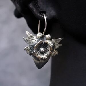 Federico Jimenez Signed Sterling Silver Bird Flower Drop Earrings